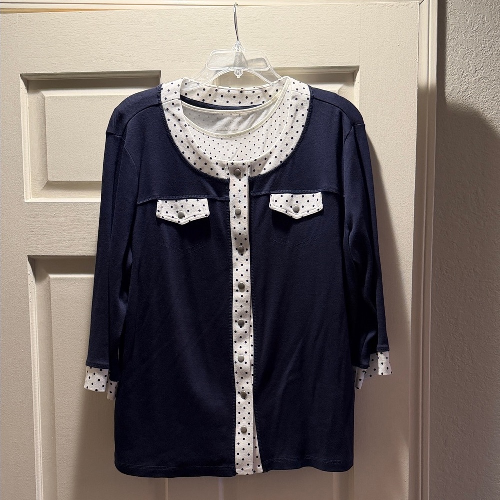 Christopher & Banks Navy and White Polka Dot Blouse